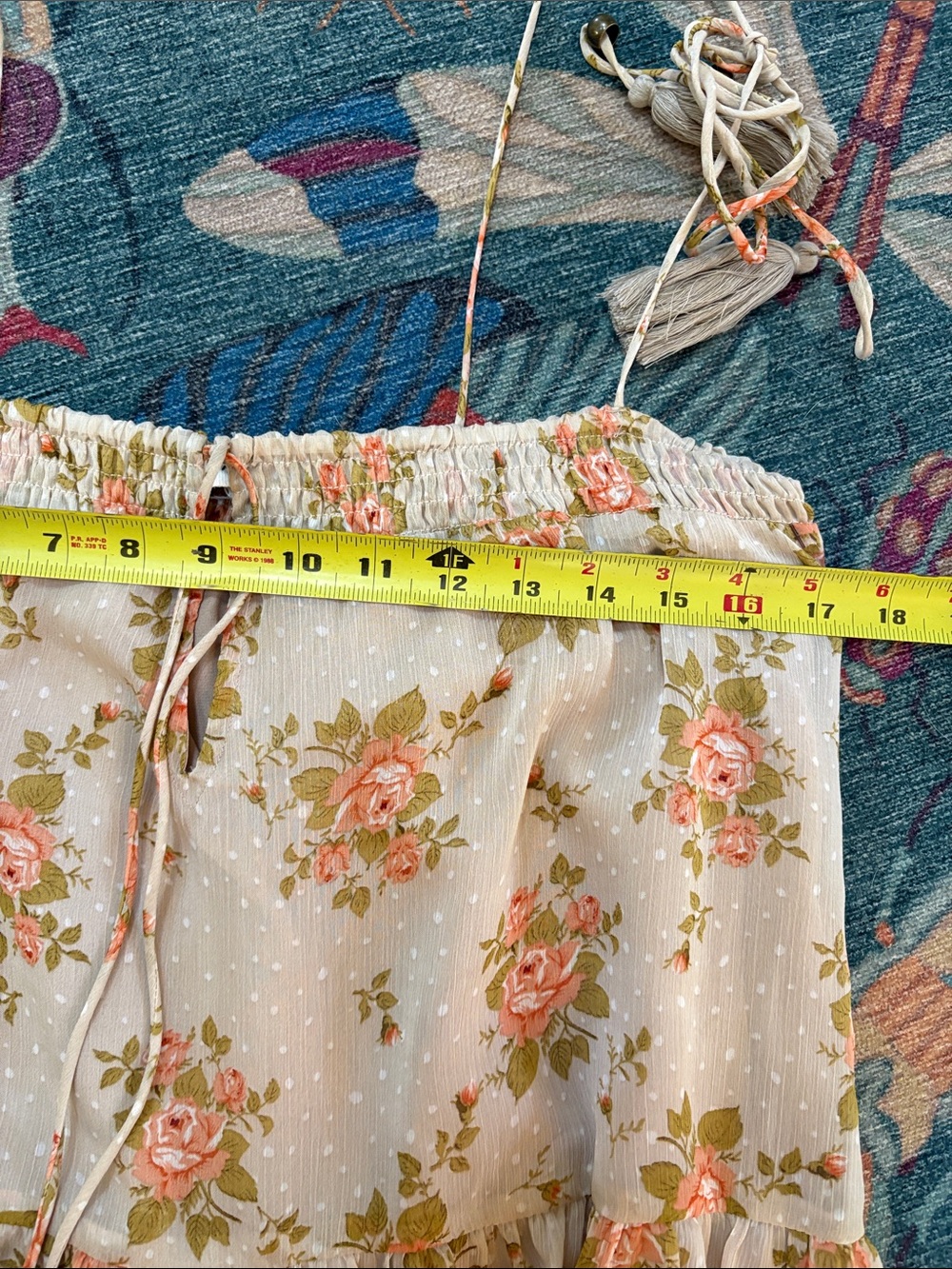 Storia Floral Tiered Tassel Midi Boho Dress in beige roses L - Picture 4 of 5